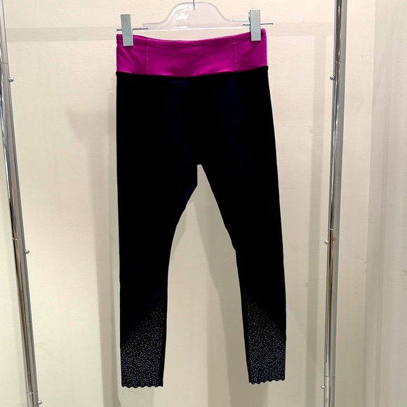 Lululemon Athletica Black Leggings with Pink Waistband; Reflective Detail - Picture 1 of 7